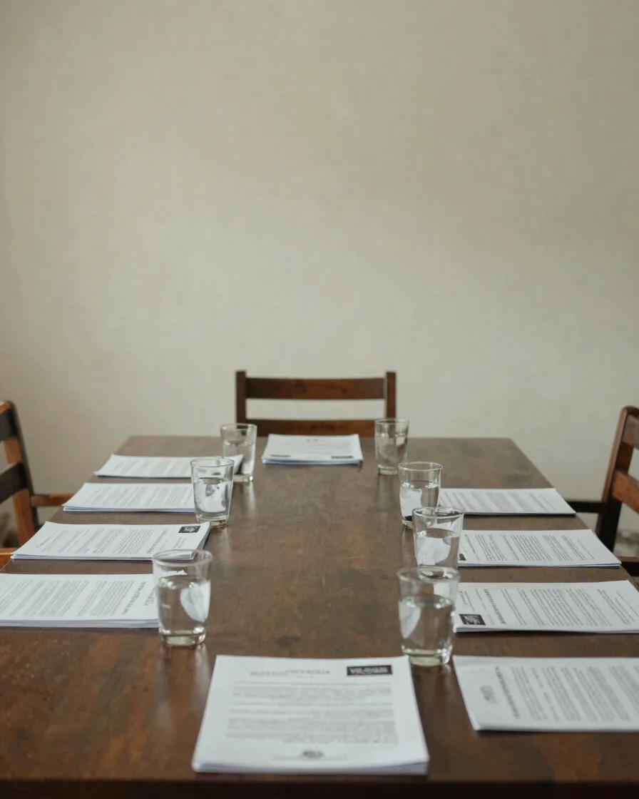 Editorial documentary photograph of a quiet Indonesian meeting room in soft tropical daylight, a neatly arranged table w
