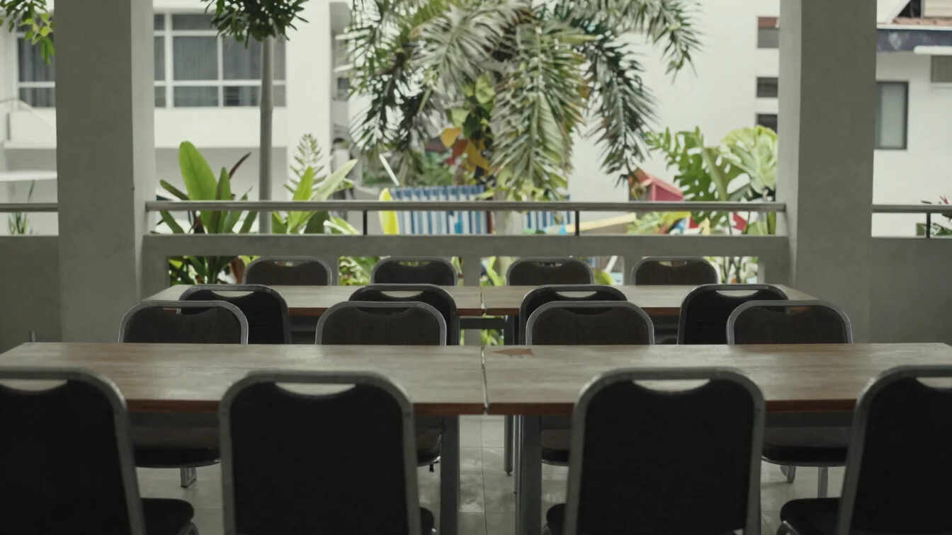 Editorial documentary photograph of an empty conference room with