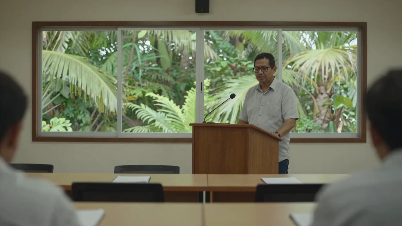 Editorial documentary photograph of a seminar room with a present