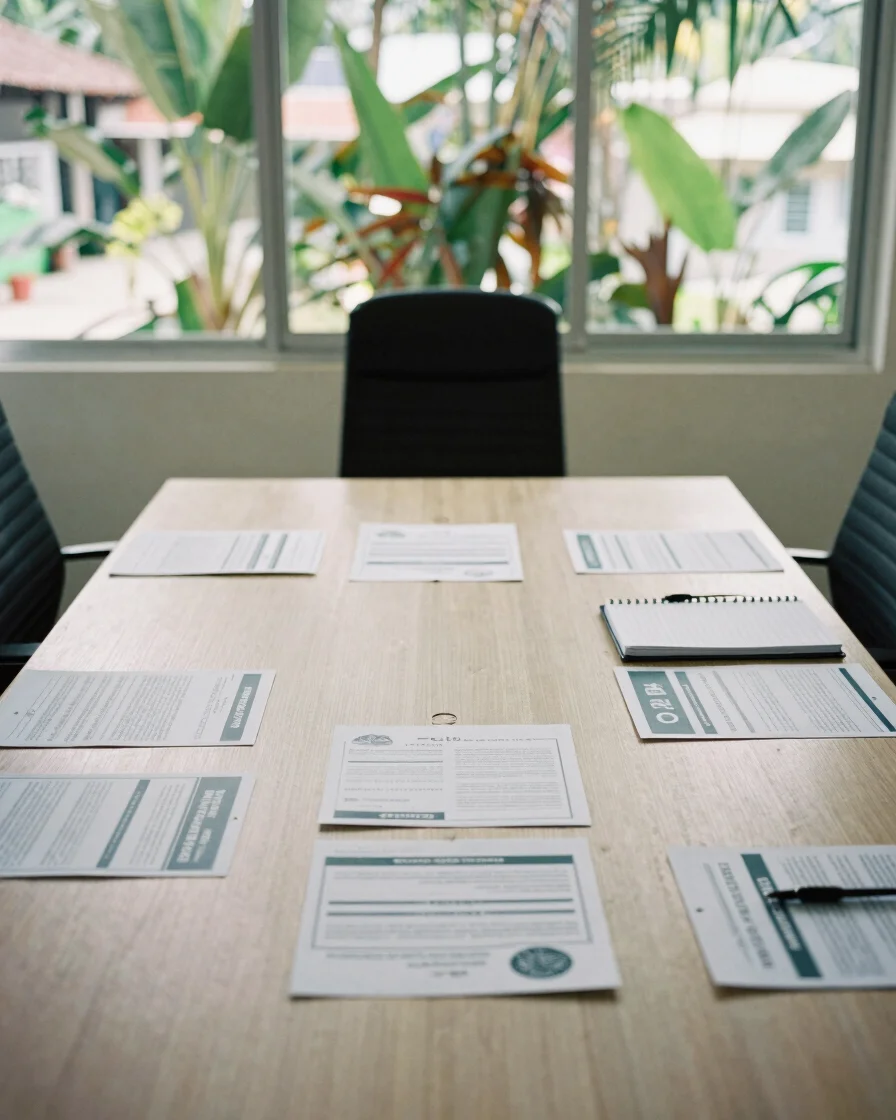 Editorial documentary photograph of a neutral meeting table in a